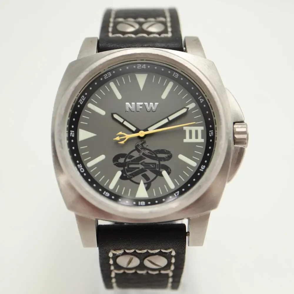 NFW Dive Mens Silver Tone 46mm Watch Black Leather Strap with New Battery